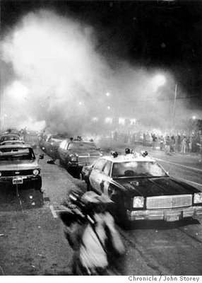 White Night Riot protesters burned police cars in front of City Hall. Chronicle photo by John Storey, 1979.jpg